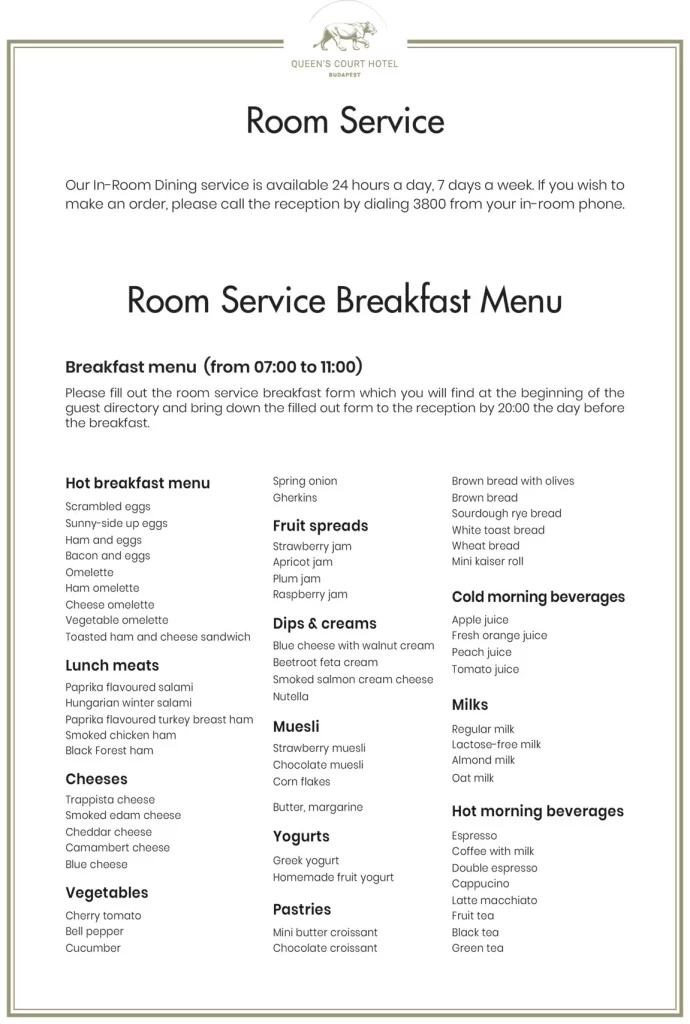 Deep Blue Hotel Room Service Menu